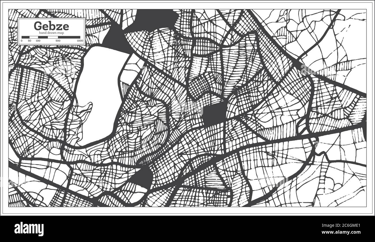 Mappa della città di Gebze Turchia in bianco e nero in stile retro. Mappa di contorno. Illustrazione vettoriale. Illustrazione Vettoriale