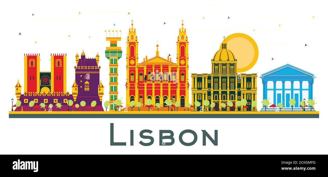 Lisbona Portogallo City Skyline con edifici a colori isolati su bianco. Illustrazione vettoriale. Concetto di viaggio d'affari e turismo. Illustrazione Vettoriale