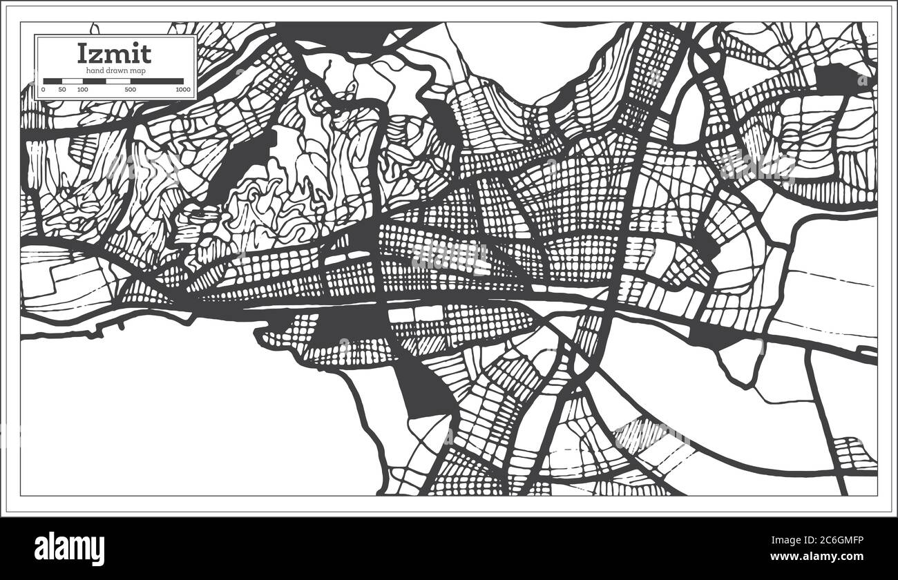 Mappa della città di Izmit Turchia in bianco e nero in stile retro. Mappa di contorno. Illustrazione vettoriale. Illustrazione Vettoriale