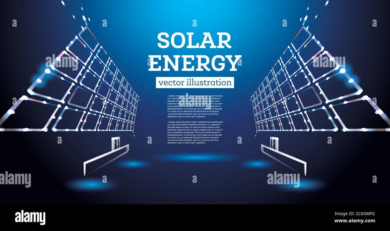 Concetto di energia solare. Illustrazione vettoriale. Pannello solare di Neon Lines. Energia rinnovabile. Illustrazione Vettoriale