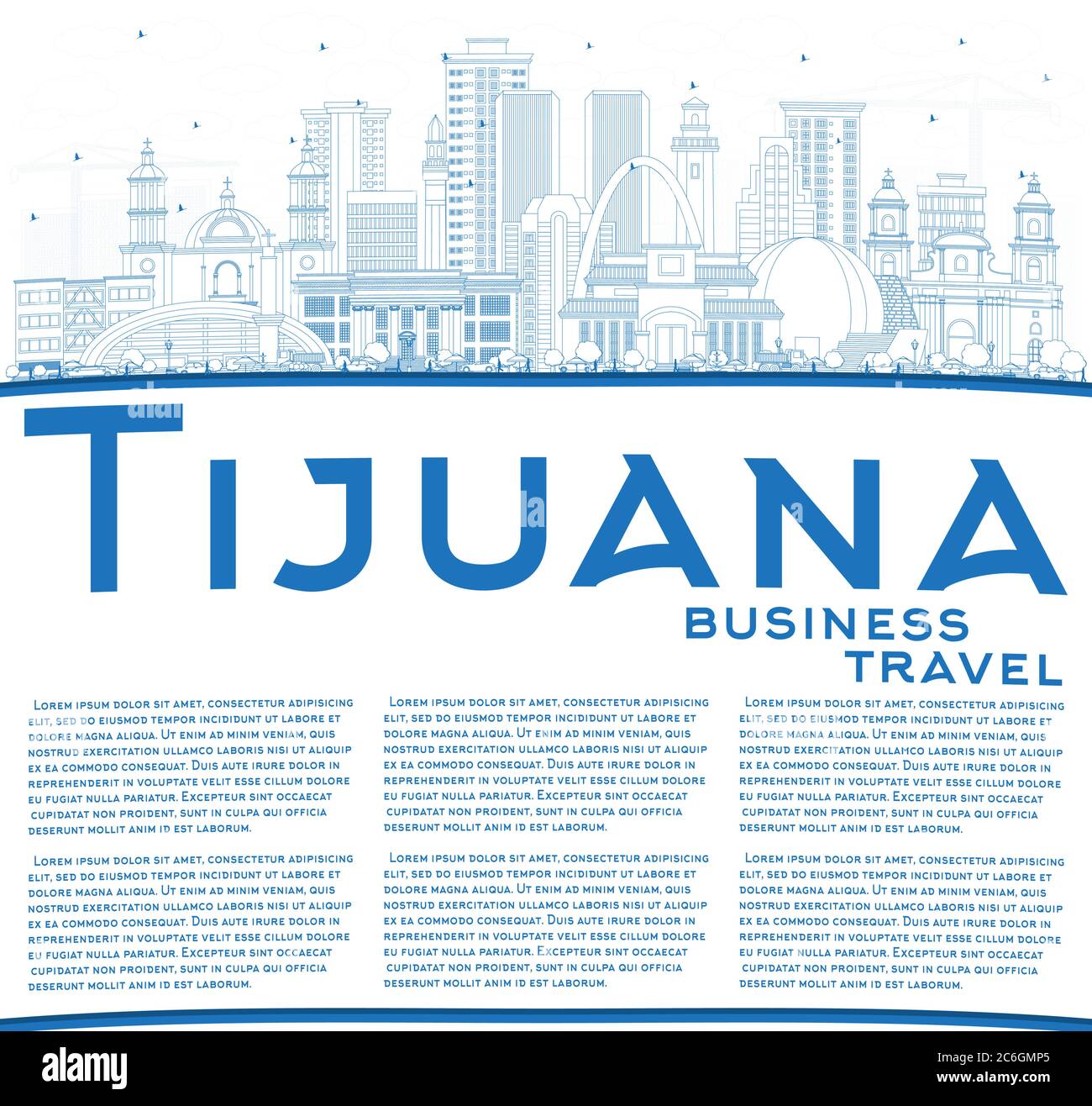 Profilo Tijuana Città del Messico skyline con edifici blu e Copy Space. Illustrazione vettoriale. Concetto turistico con architettura storica e moderna. Illustrazione Vettoriale