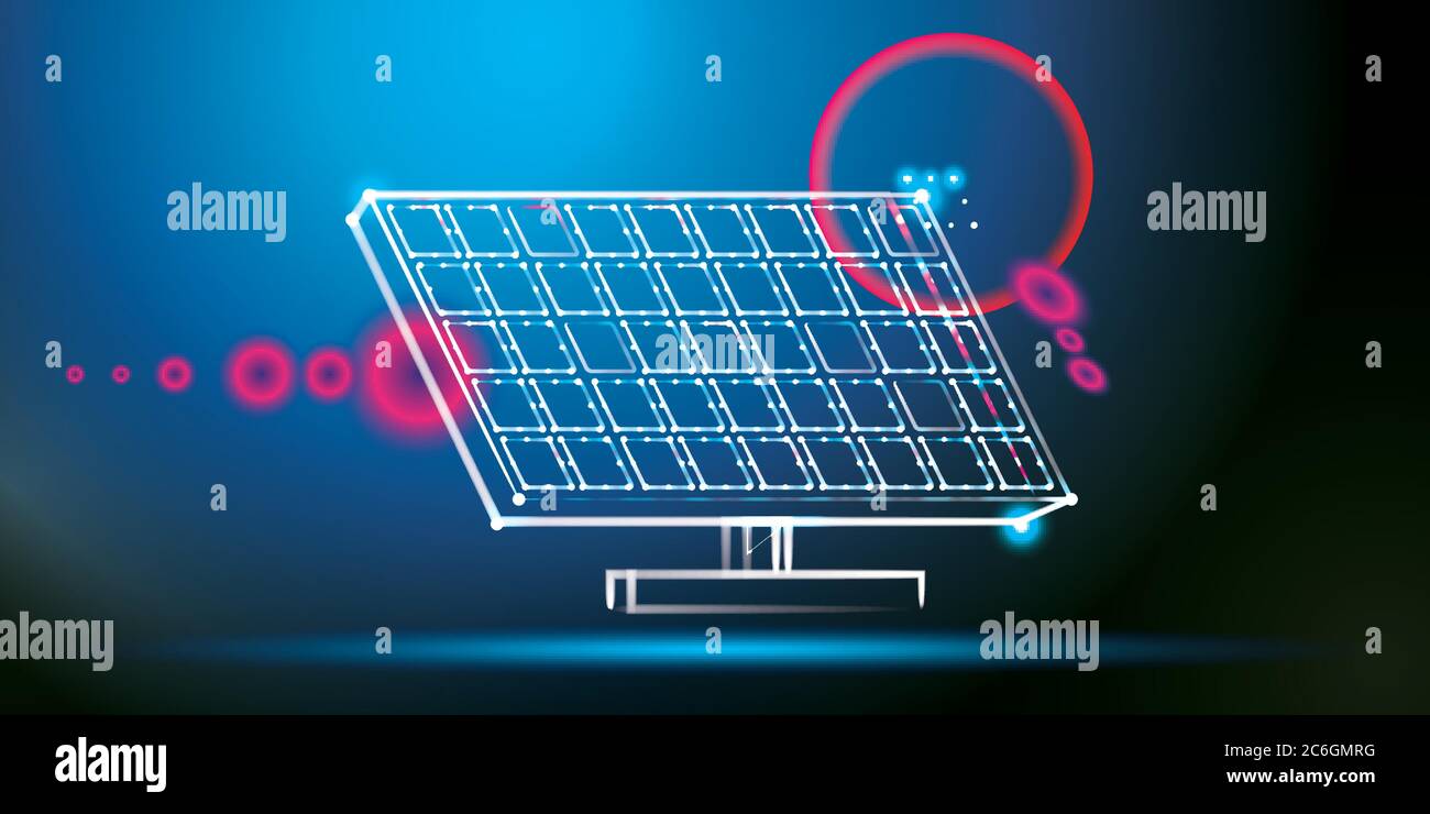 Concetto di energia solare. Illustrazione vettoriale. Pannello solare di Neon Lines. Energia rinnovabile. Illustrazione Vettoriale