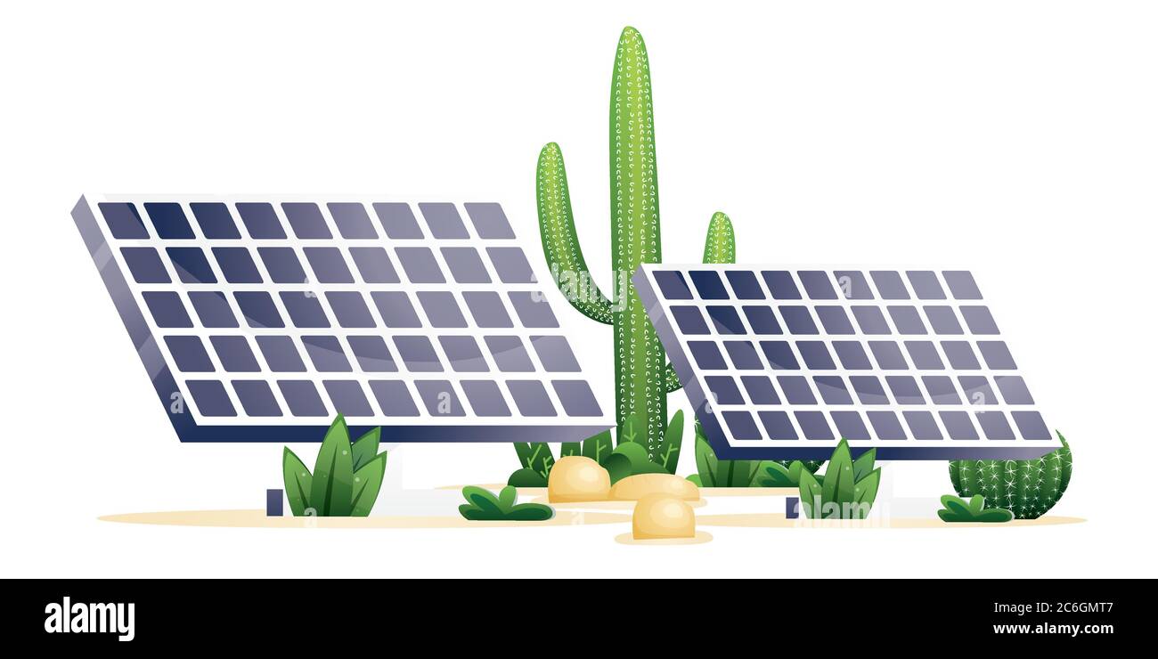 Due pannelli solari e piante di deserto isolato su bianco. Cactus e pietre. Illustrazione vettoriale. Illustrazione Vettoriale