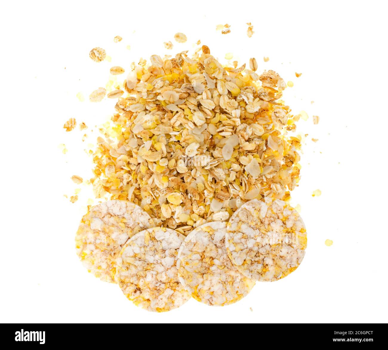 Cracker multi-cereale, concetto di alimentazione sana isolato su bianco. Foto Foto Stock