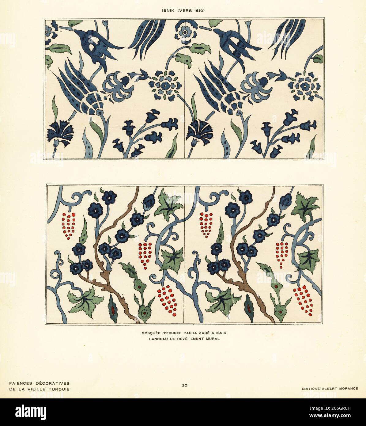 Pannello di piastrelle di ceramica decorati con tulipani e fiori nella Moschea Esrefzade a Iznik, Bursa, fabbricato a Iznik, Turchia, circa 1610. Mosquee d’Echref Pacha Zade a Isnik. Panneau de revetement murale. Isnik (vers 1610). Litografia a mano di Pochoir (stencil) dal decorativo di Faience de la Vieille Turquie di Alexandre Raymond, ceramiche decorative dell'antica Turchia, Edizioni Albert Morance, Parigi, 1927. Foto Stock