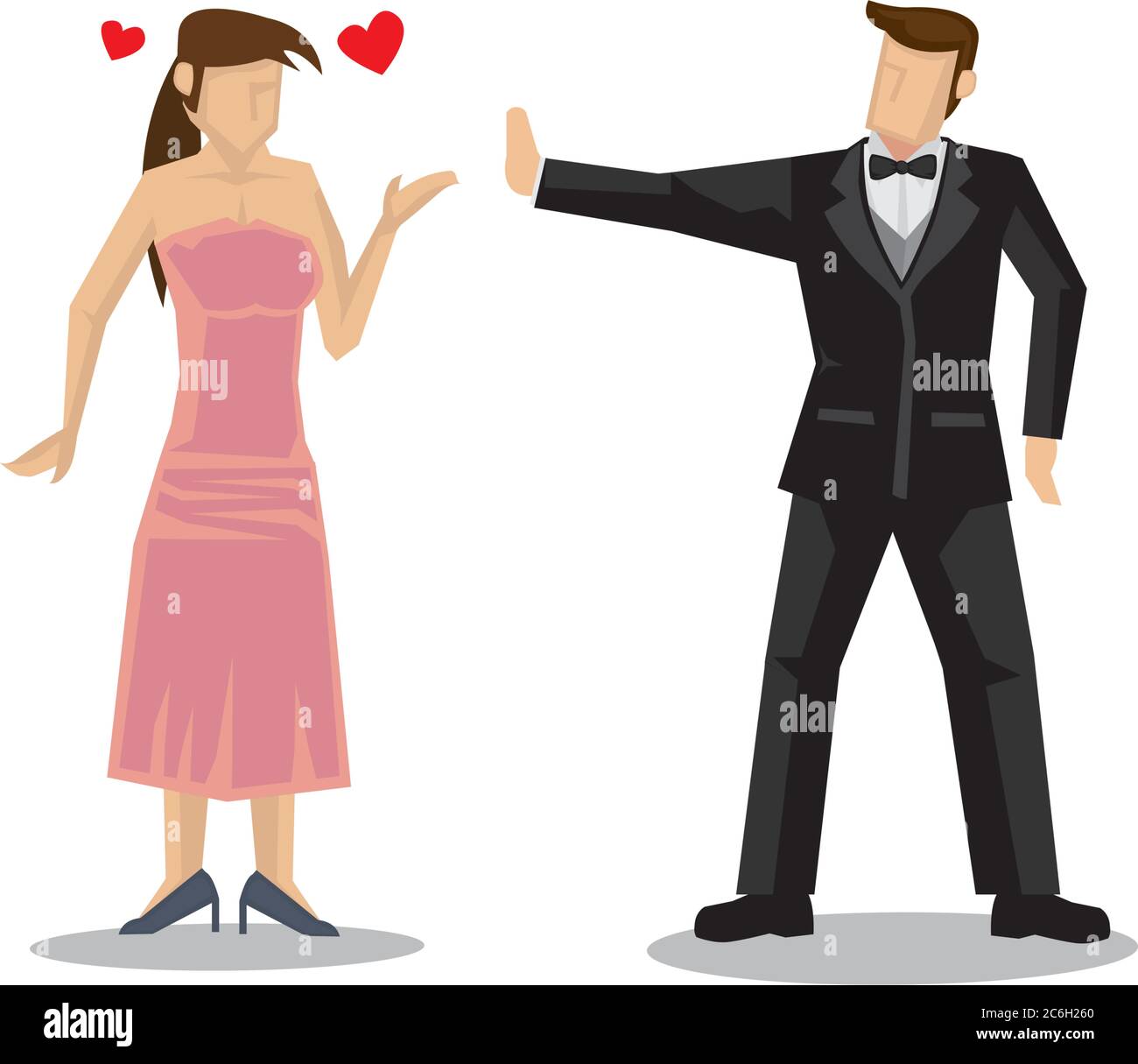 L'uomo ricco rifiuta donna sexy pensando che è dopo i suoi soldi. Concetto di rifiuto o di rottura. Illustrazione vettoriale. Illustrazione Vettoriale