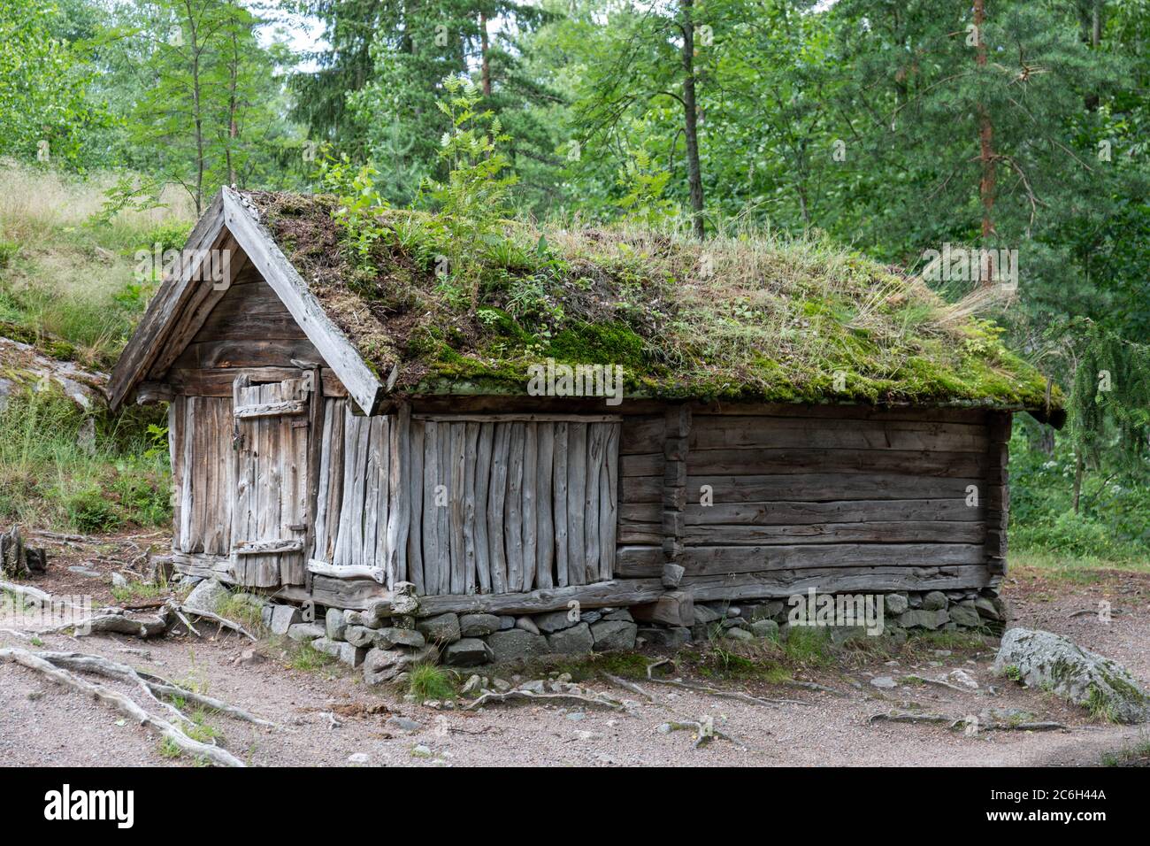 Vecchia cabina di fieno, in tronchi, con tetto di zaffa o di erba al Museo all'aperto Seurasaari di Helsinki, Finlandia Foto Stock