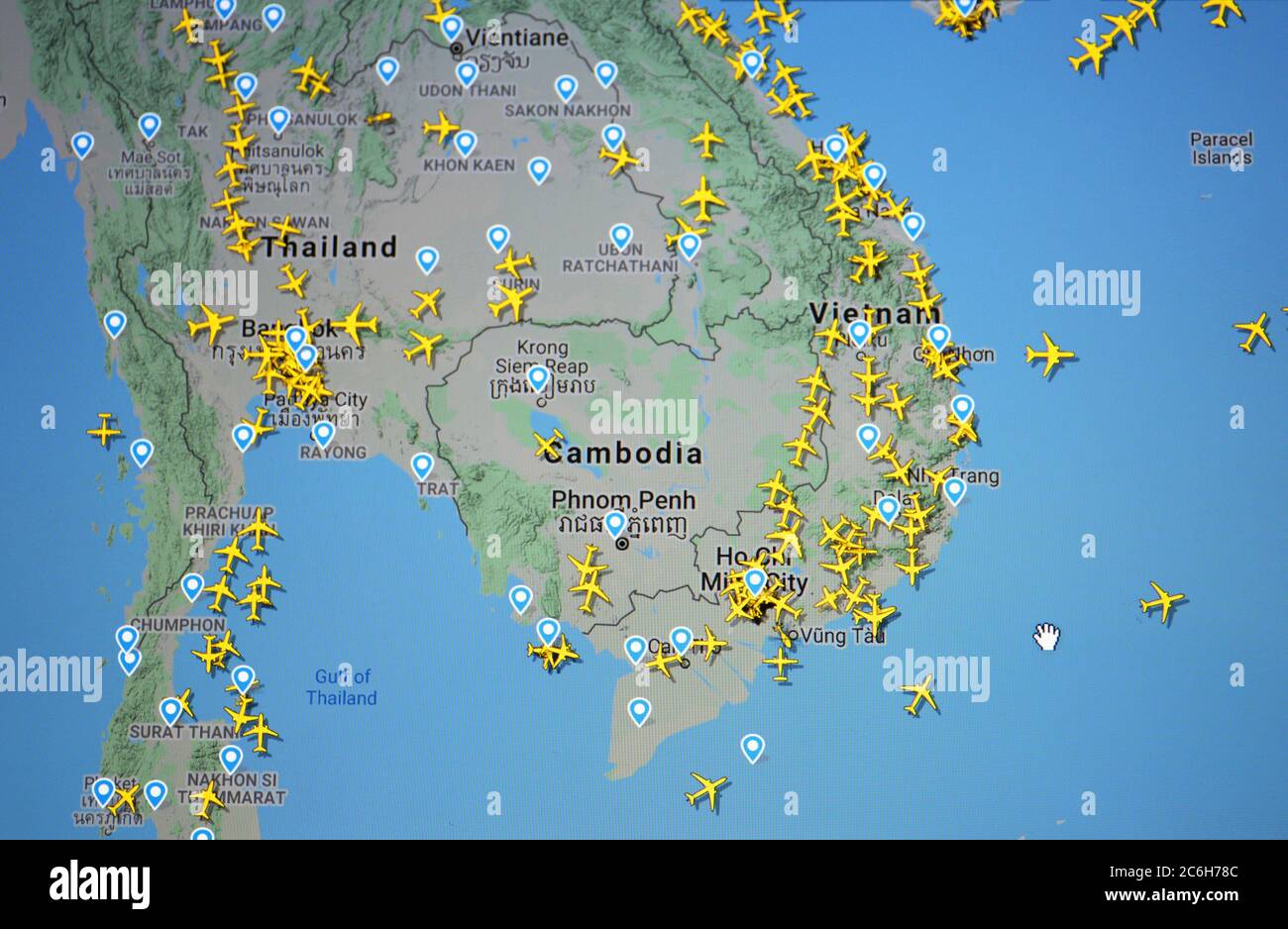 Traffico aereo su Indocina (10 luglio 2020, UTC 07.35) su Internet con il sito Flightradar 24 di Svenska Resenätverket AB Foto Stock