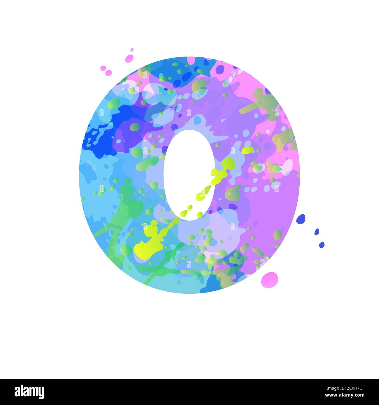 Numero 0 con effetto di macchie liquide di vernice nei colori blu, verde, rosa Illustrazione Vettoriale