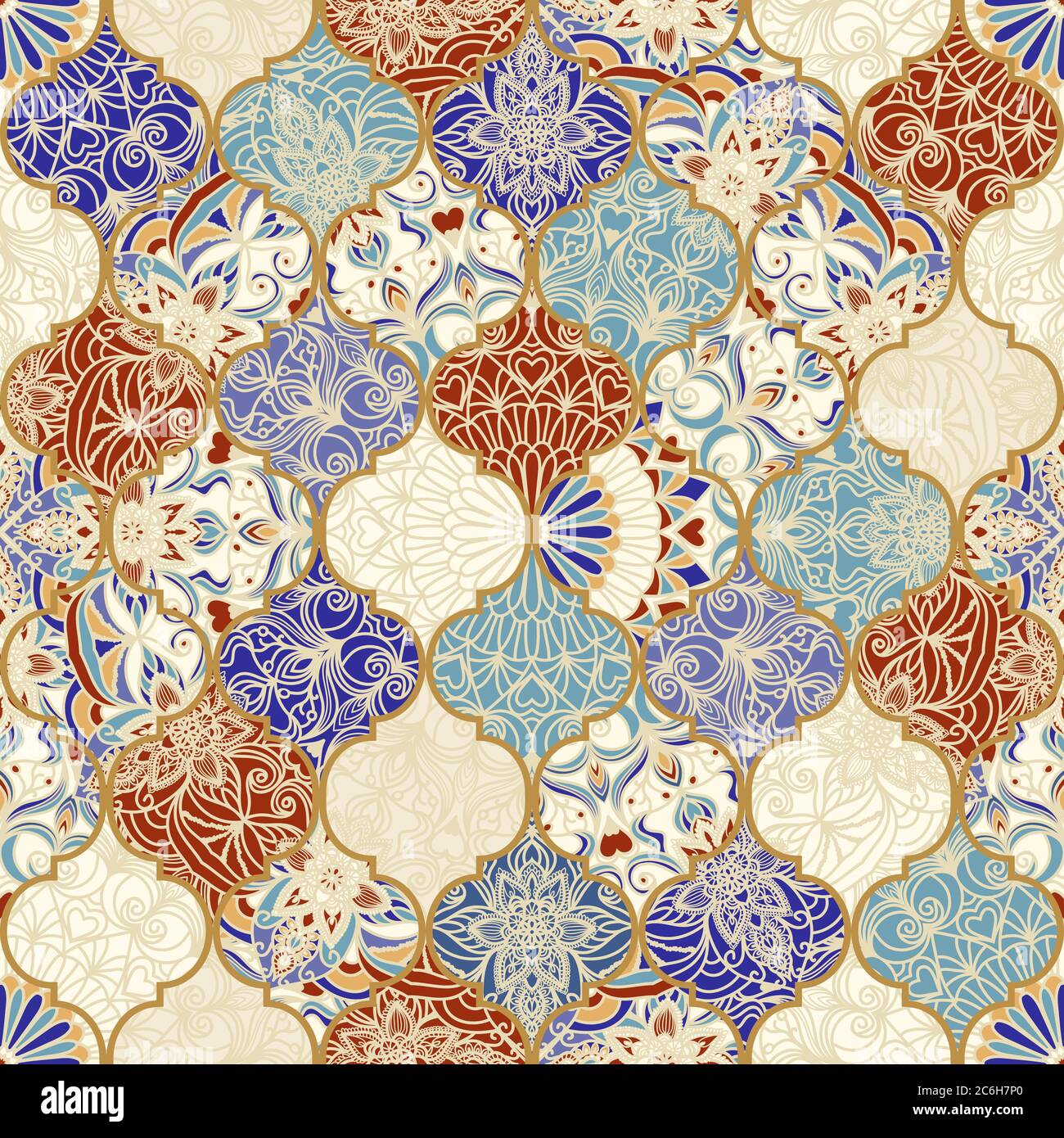 Piastrelle in ceramica senza cuciture con patchwork colorato. Vintage multicolore in stile turco. Il motivo infinito può essere utilizzato per piastrelle in ceramica e carta da parati Illustrazione Vettoriale