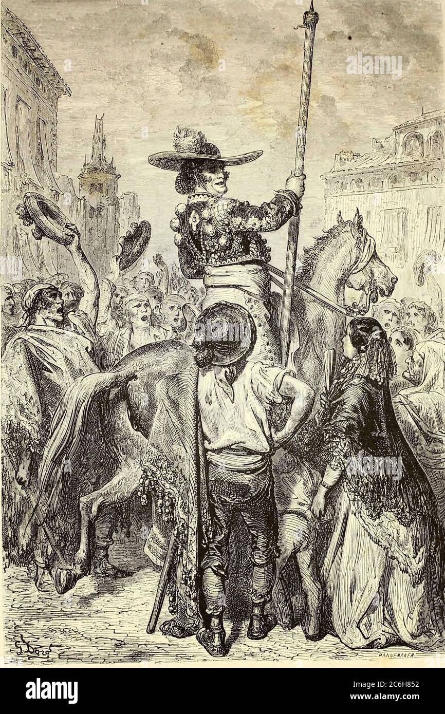 Le Picador Calderon [Picador arriva all'arena dei tori] immagine della pagina del libro 'l'Espagne' [Spagna] di Davillier, Jean Charles, barón, 1823-1883; Doré, Gustave, 1832-1883; pubblicato a Parigi, Francia da Libreria Hachette, nel 1874 Foto Stock