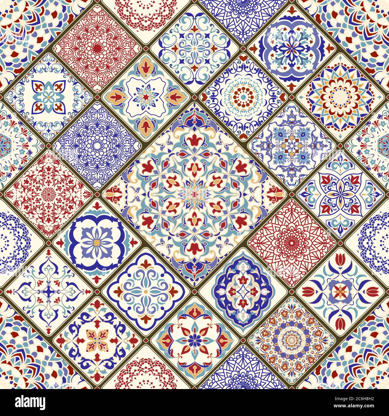 Patchwork colorato e senza interruzioni. Tegola a mosaico. Vintage multicolore in stile turco. Sfondo disegnato a mano. Motivi islamici, arabi, indiani, ottomani Illustrazione Vettoriale