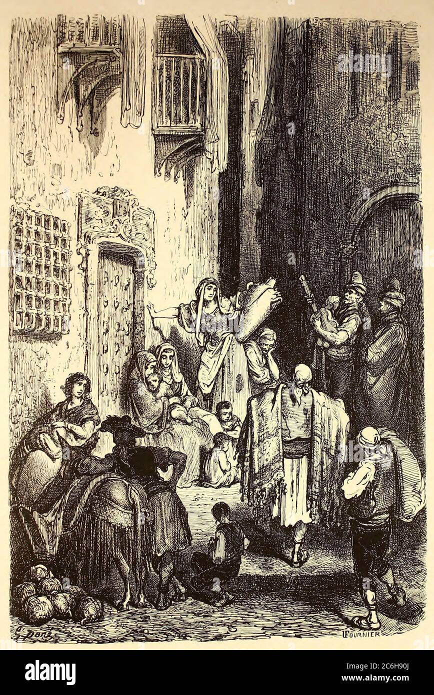 Une Rue d'Albacete [Street scene in Albacete] immagine della pagina dal libro 'l'Espagne' [Spagna] di Davillier, Jean Charles, barón, 1823-1883; Doré, Gustave, 1832-1883; pubblicato a Parigi, Francia da Libreria Hachette, nel 1874 Foto Stock