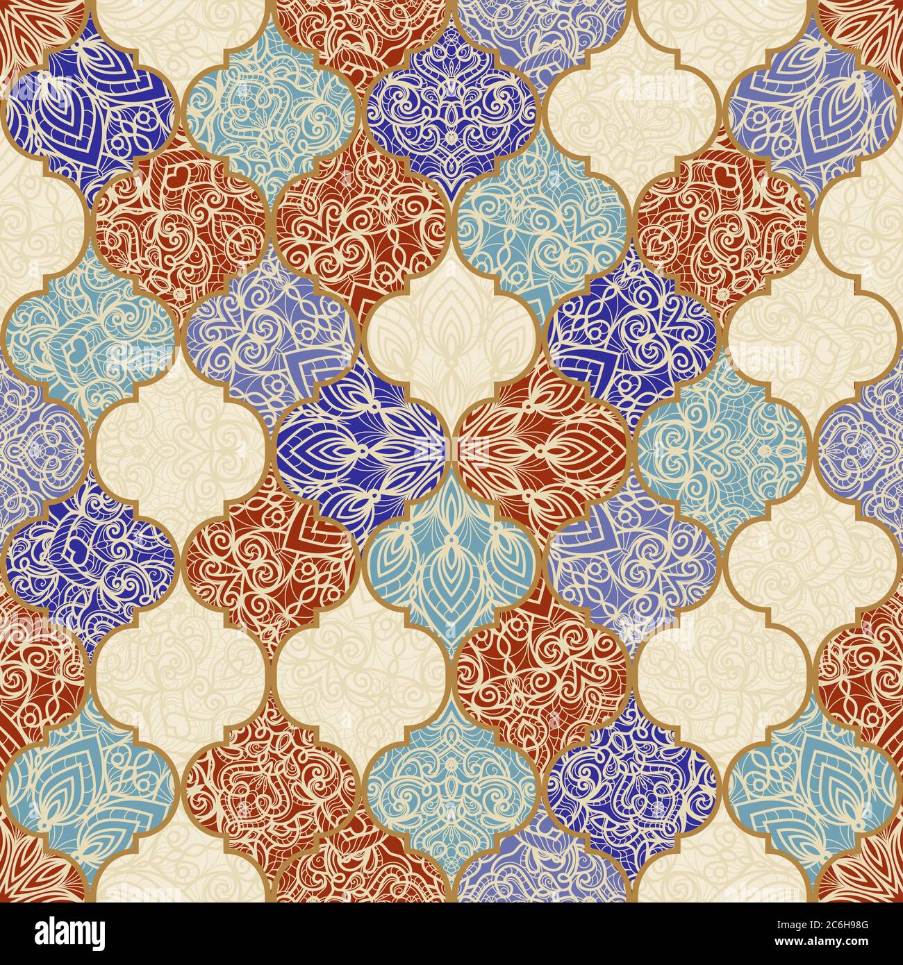Piastrelle in ceramica senza cuciture con patchwork colorato. Vintage multicolore in stile turco. Il motivo infinito può essere utilizzato per piastrelle in ceramica e carta da parati Illustrazione Vettoriale