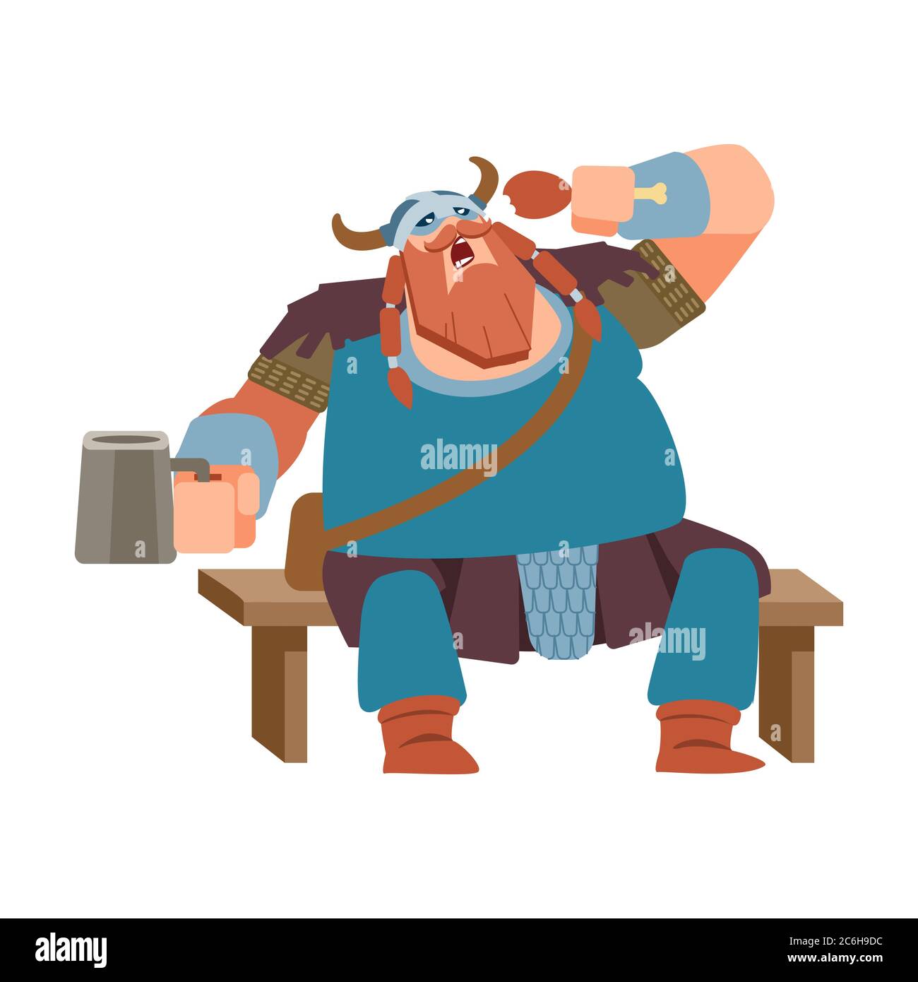 Personaggio vichingo. Guerriero che mangia e beve con piacere. Medievale guerriero norvegese militare persone vettore cartoon mascotte. Stile piatto. Illustrazione Vettoriale
