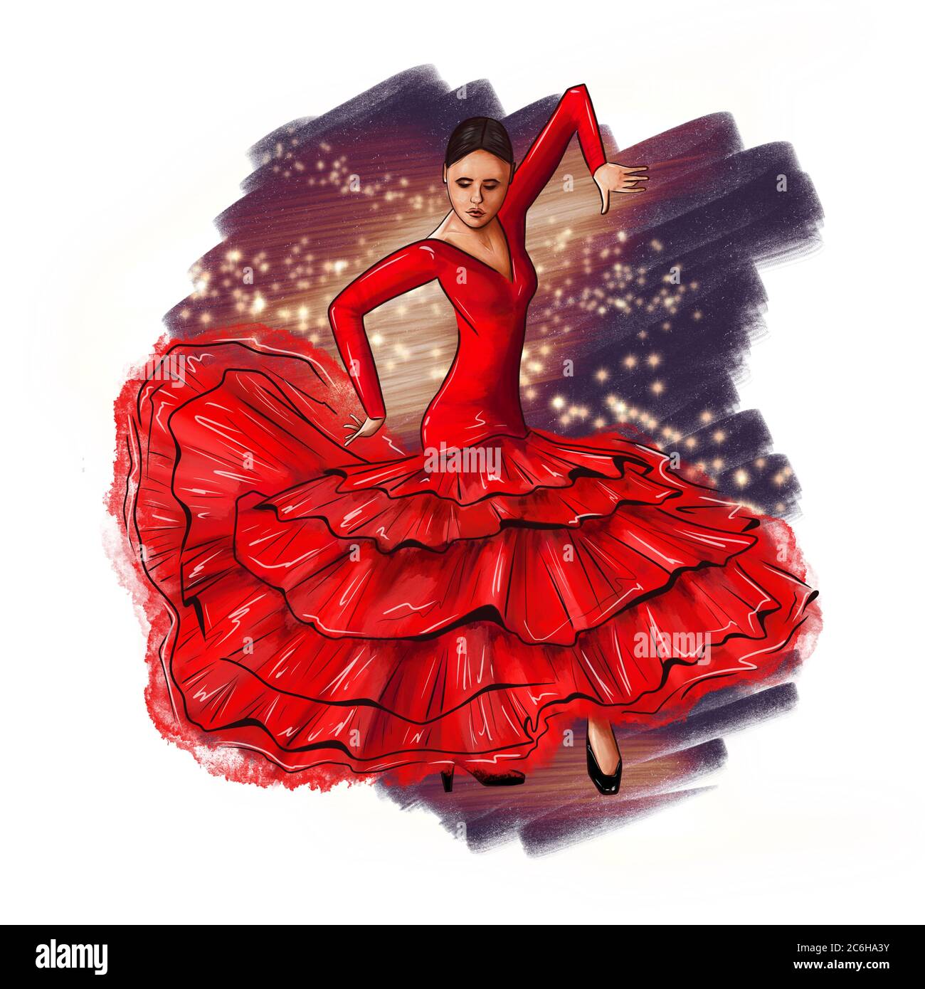 Donna spagnola che balla flamenco. Ragazza in abito rosso, festa latina, celebrazione. Ballerina femminile, sfondo bianco isolato. Foto Stock