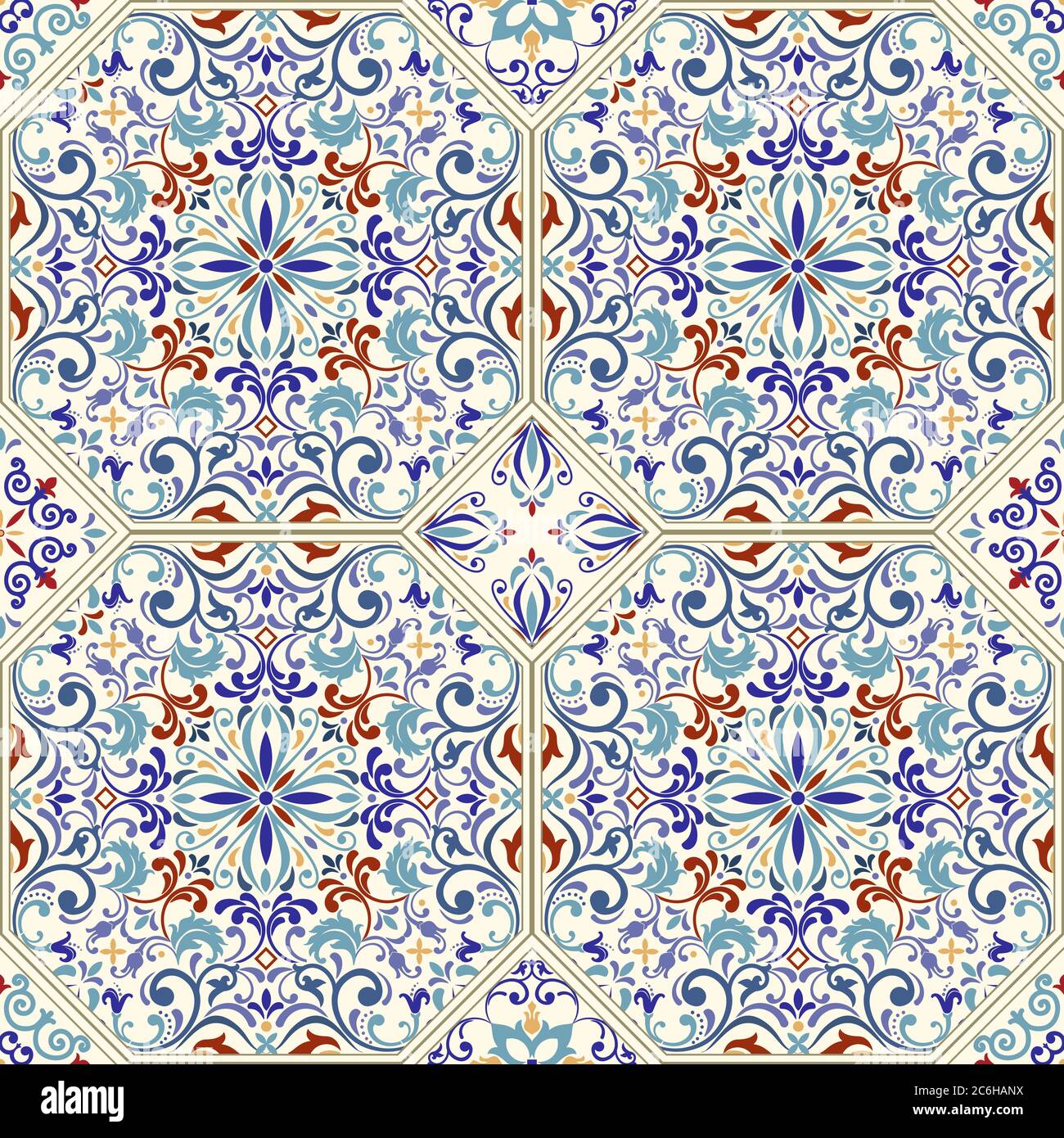 Perfetta perlustrazione in stile turco. Sfondo disegnato a mano. Azulejos piastrelle patchwork. Decorazioni in portoghese e Spagna. Islam, Arabo, Indiano, motivo ottomano Illustrazione Vettoriale