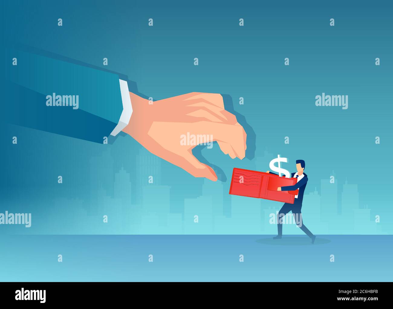Vettore di una mano grande che prende via portafoglio con soldi da un piccolo uomo d'affari Illustrazione Vettoriale