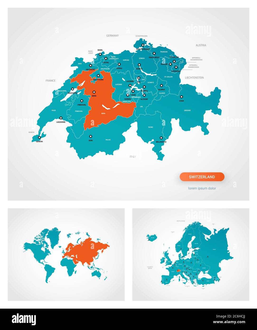 Modello modificabile della mappa della Svizzera con segni. La Svizzera