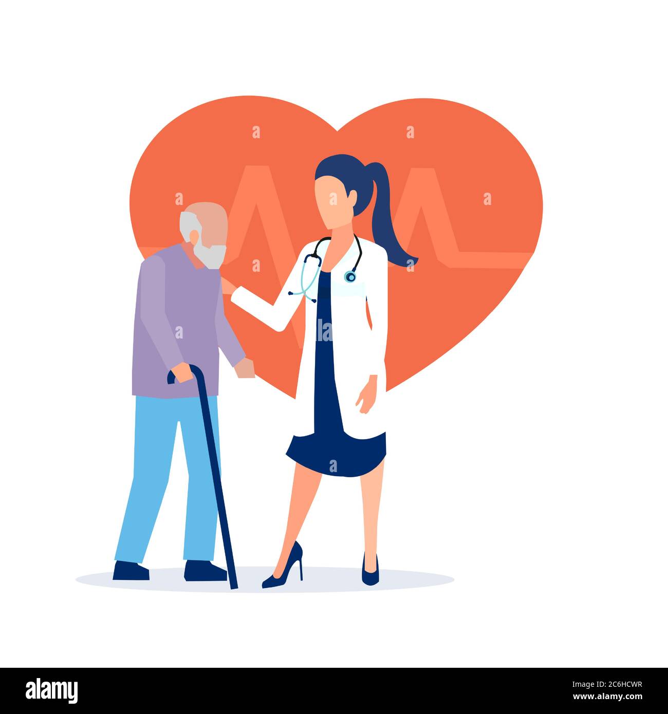 Vettore di una dottoressa che si occupa di una paziente anziana su un background ECG cardiaco Illustrazione Vettoriale