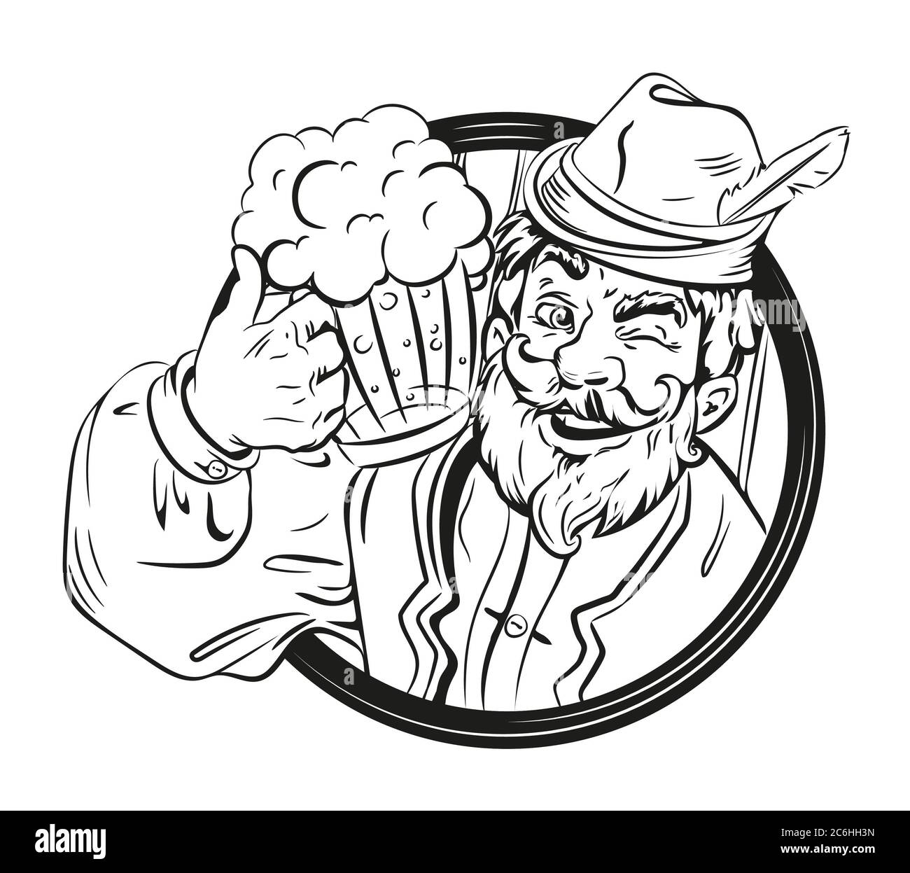 Logo, emblema, festival della birra. Uomo bearded, birra di tazza. Tedesco, abiti bavaresi. Foto Stock