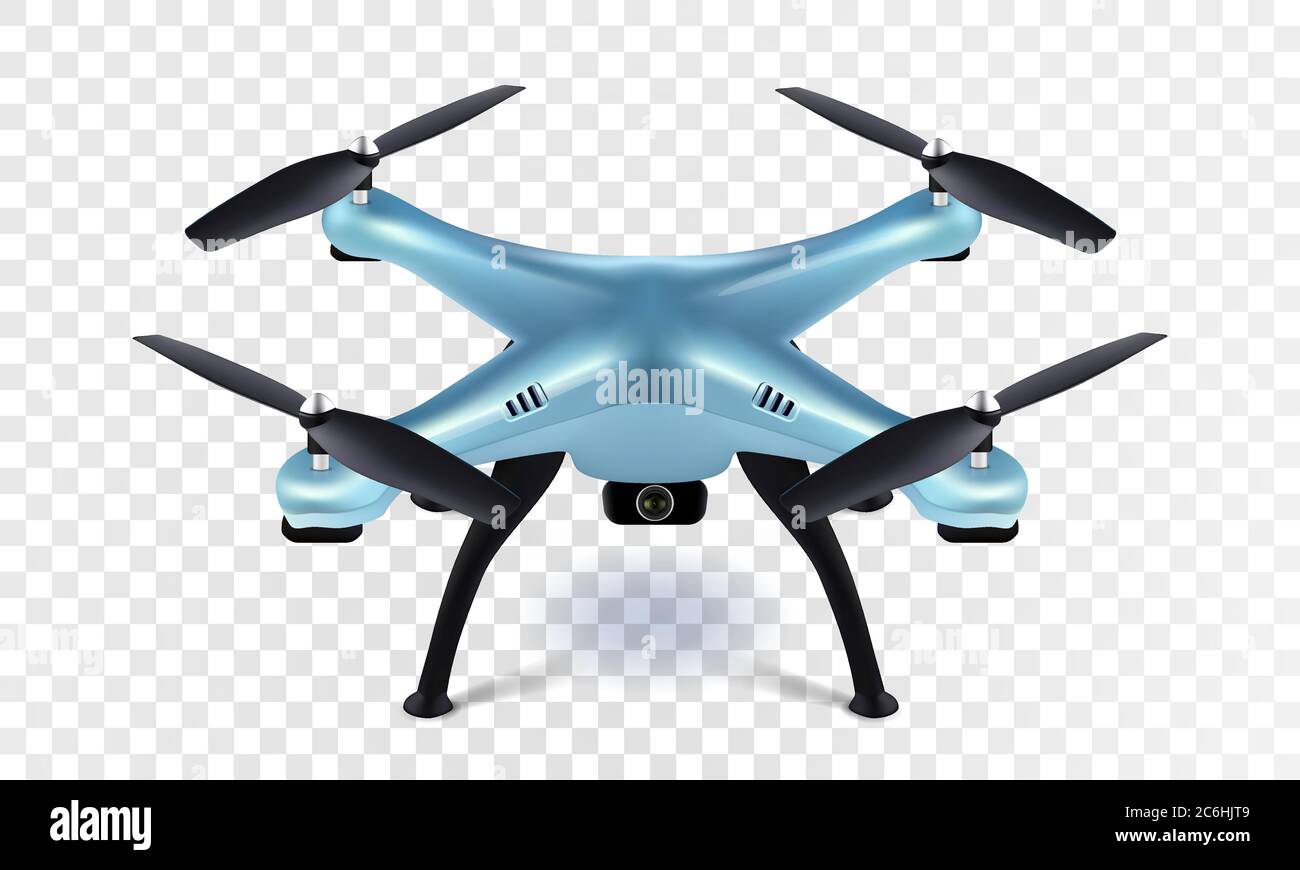 Quadricopter 3D blu realistico con drone su sfondo trasparente. Eps10 vettorie10 Illustrazione Vettoriale