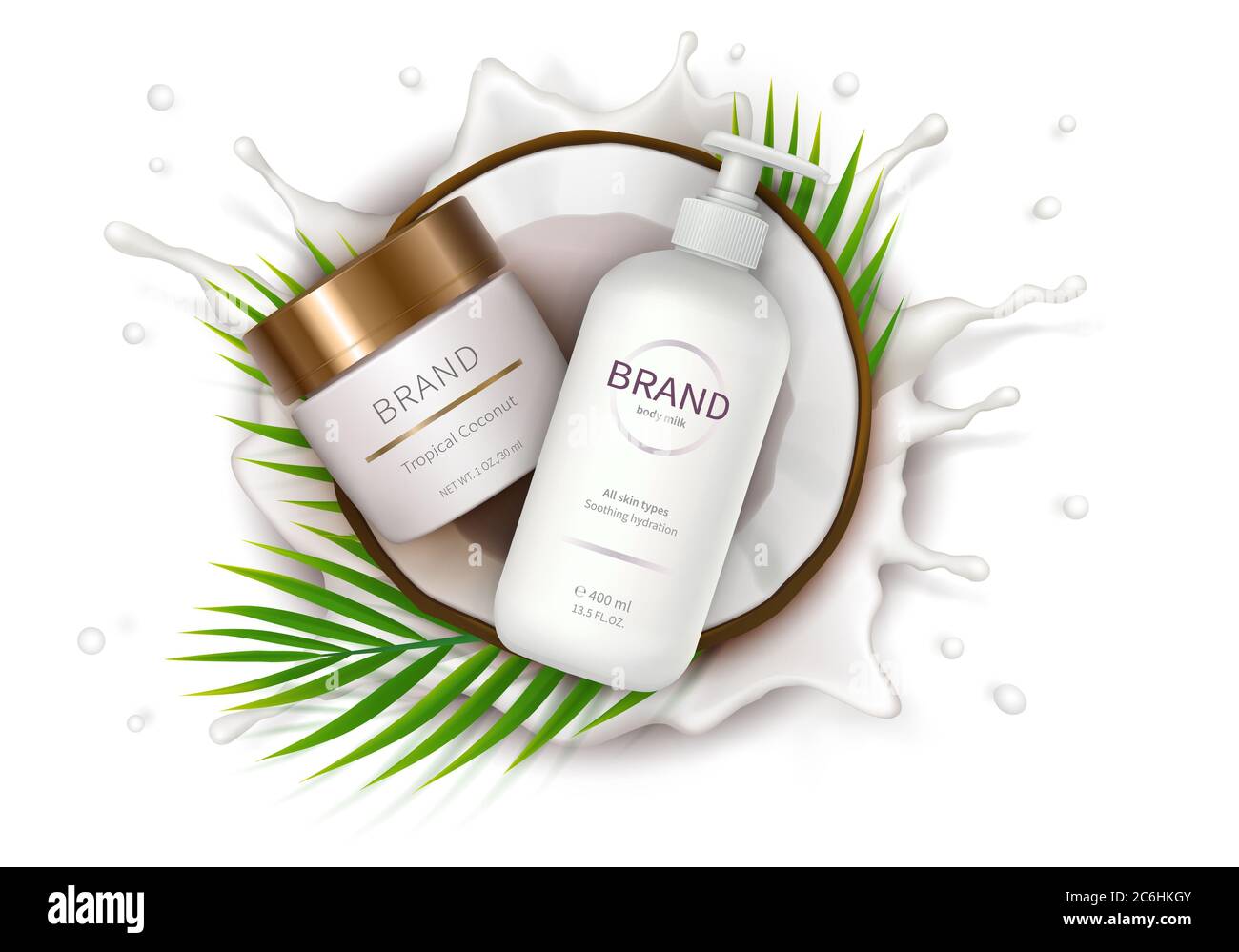 Vettore cosmetico ad realistico. Il vasetto bianco e il flacone dispenser si trovano a metà del cocco sullo sfondo di schizzi di latte. Banner promozionale per il catalogo Foto Stock