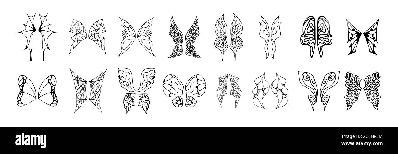 Set di ali trasparenti vettoriali fantasy isolate su sfondo bianco. Design stile doodle outline. Illustrazioni vettoriali disegnate a mano. Decorazione per gre Illustrazione Vettoriale