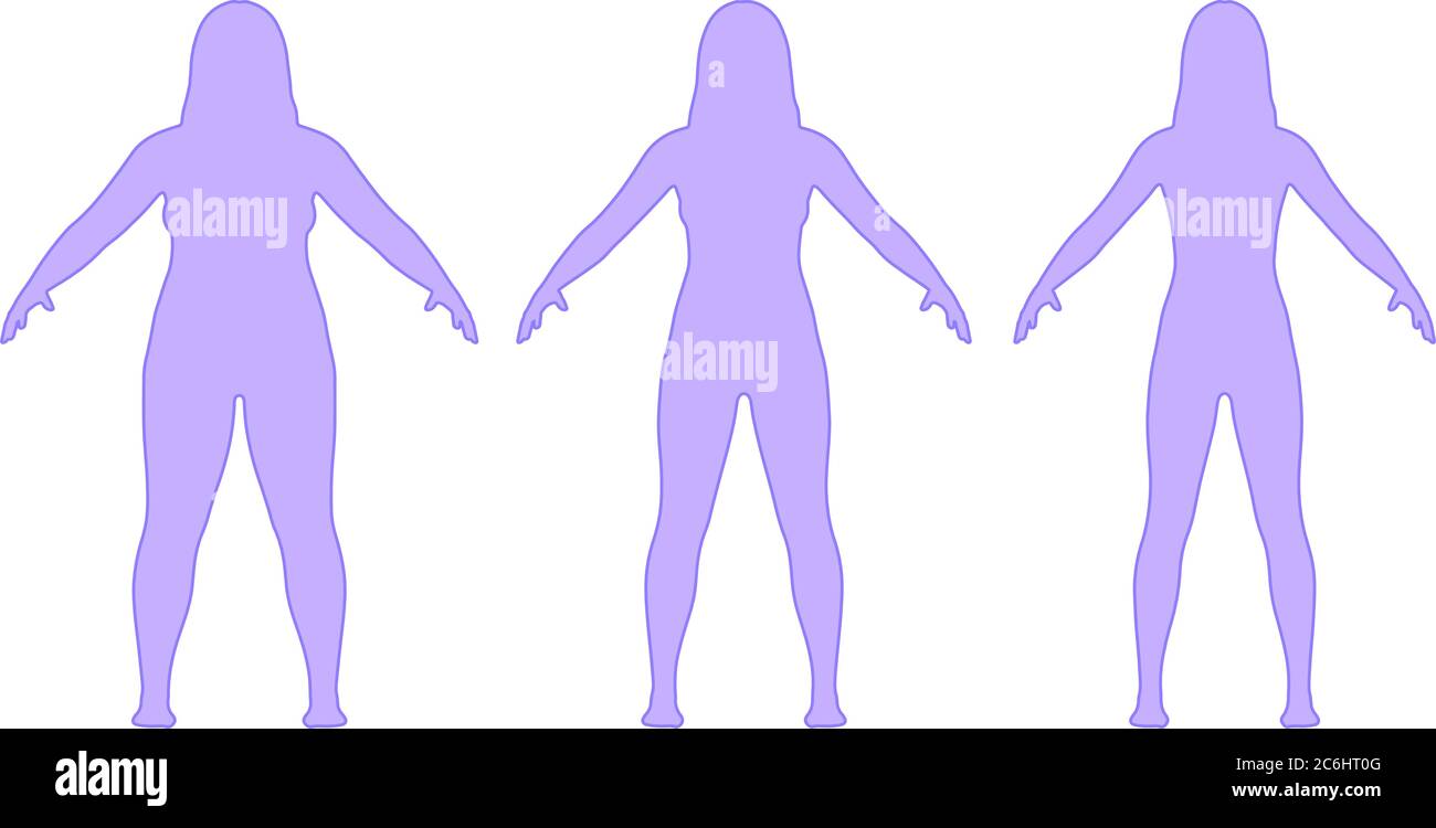 Passi di perdere peso donna dal grasso al sottile. Donna sovrappeso prima e dopo la perdita di peso su sfondo bianco Illustrazione Vettoriale