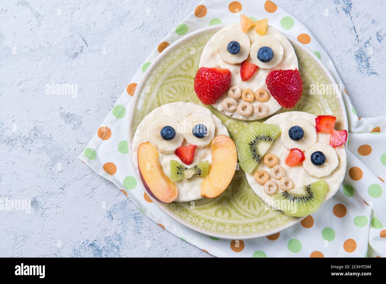 Torte di riso con yogurt e frutta fresca a forma di gufi carini su un  piatto, pasto per bambini idea, vista dall'alto Foto stock - Alamy