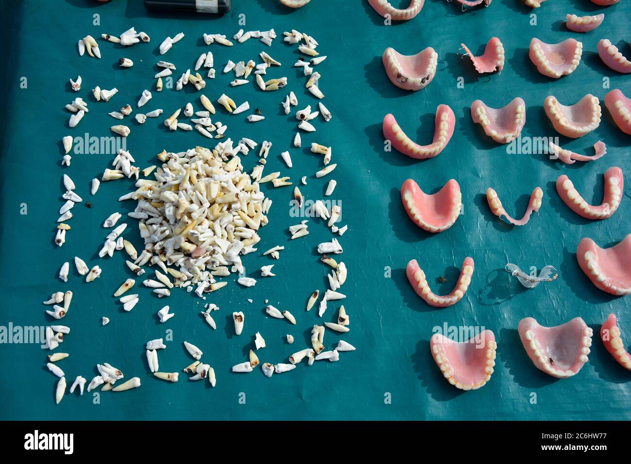 Marocco, Marrakech, denti e piastre dentarie usate dal dentista di strada in Place Djemaa el-Fna Foto Stock