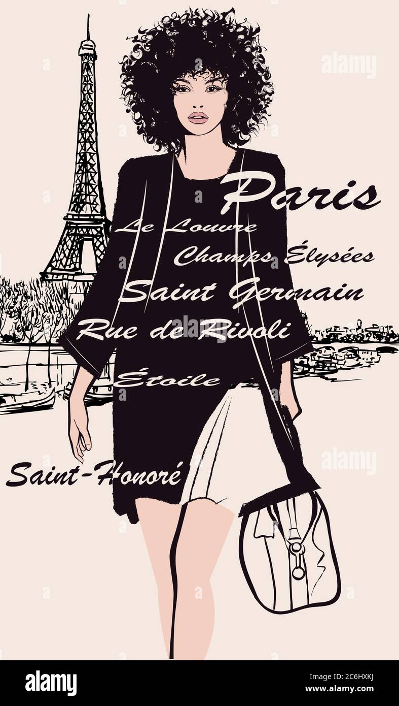 Donna in abito nero con borsa da viaggio con la Torre Eiffel sullo sfondo - illustrazione vettoriale (ideale per la stampa su tessuto o carta, poster Illustrazione Vettoriale