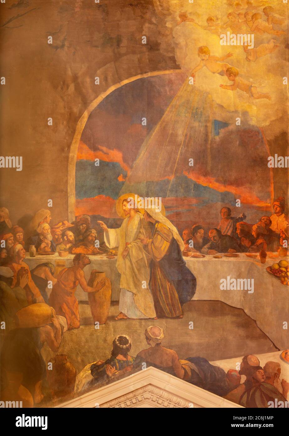 BARCELLONA, SPAGNA - 3 MARZO 2020: Il dipinto moderno del miracolo al matrimonio di Cana nella chiesa Santuario Nuestra Senora del Sagrado Corazon Foto Stock