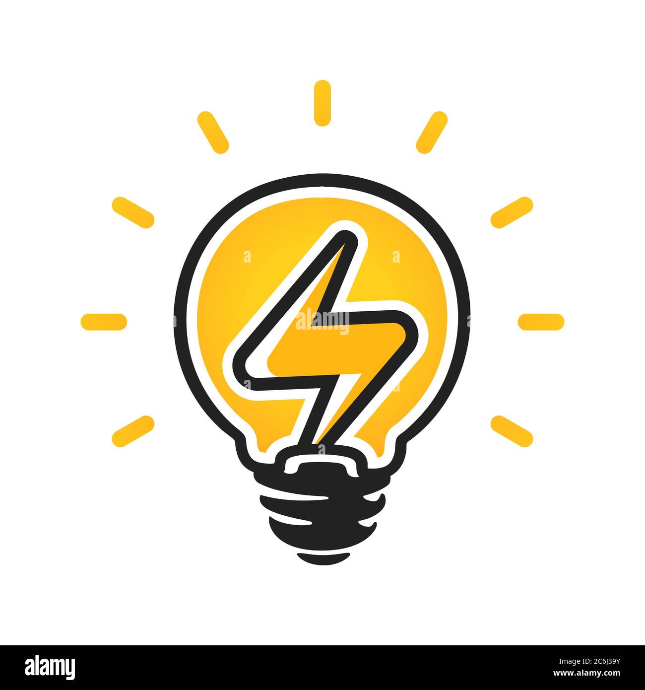 Segno di elettricità nella lampadina. Logo vettore energia. Icona elettricità. Isolato su sfondo bianco Illustrazione Vettoriale