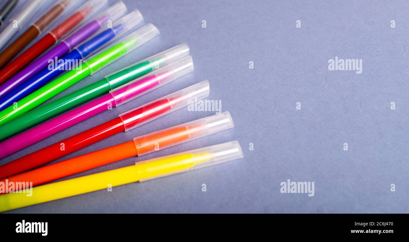Pennarelli o pennarelli multicolore su sfondo grigio. Foto Stock