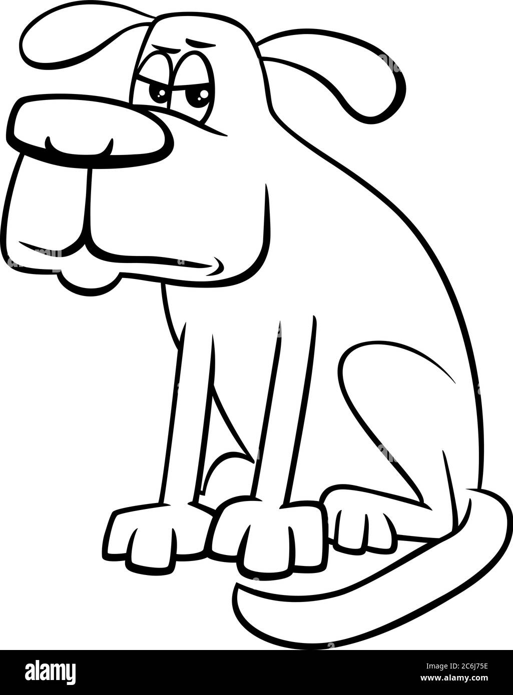 Cartoon bianco e nero Illustrazione di cane infelice o Grumpy Comic animale personaggio colorazione pagina Illustrazione Vettoriale