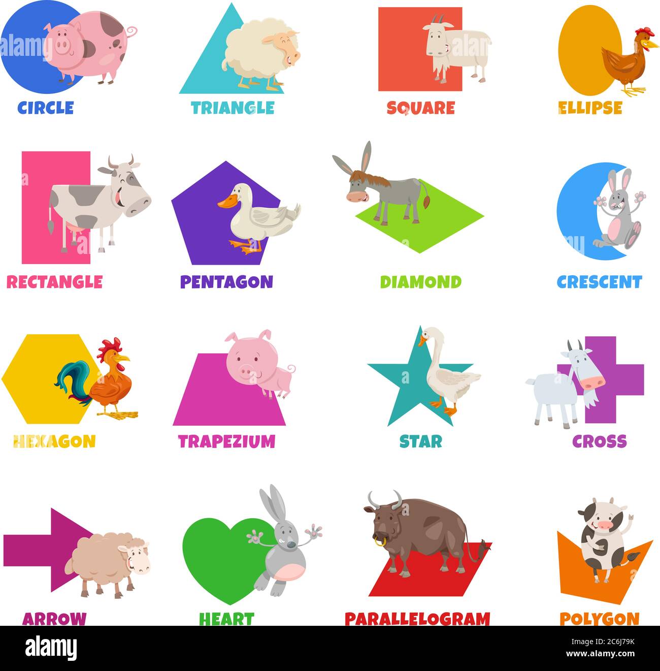Cartoon educativo illustrazione delle forme geometriche con didascalie e personaggi animali da fattoria per bambini in età prescolare ed elementare Illustrazione Vettoriale