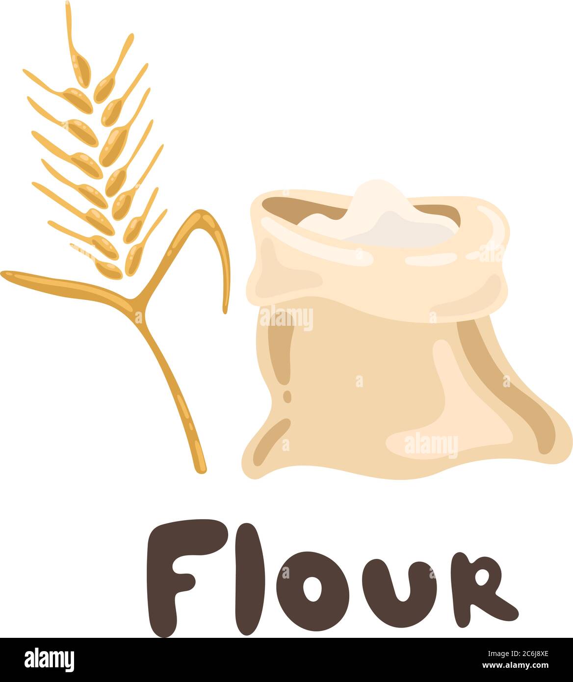 Un sacchetto di farina e spighe di grano. Elemento di progettazione. Illustrazione del materiale di ricambio vettoriale. Casa del pane. Cumulo di farina. Pane e raccolto tema. Cibo e. Illustrazione Vettoriale