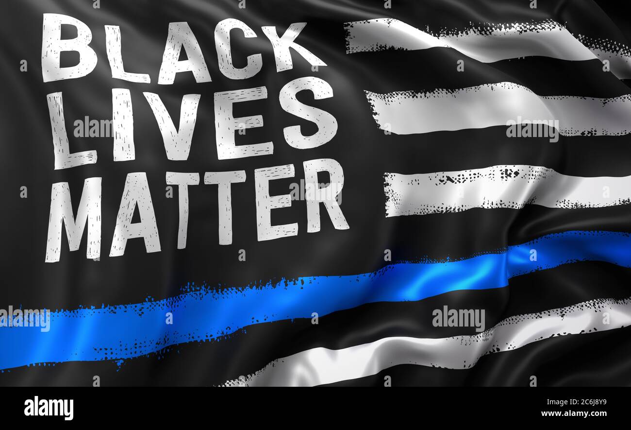 Bandiera nera della materia delle vite, con una linea blu, che soffia nel vento. Bandiera di volo a pagina intera. Illustrazione 3D. Foto Stock