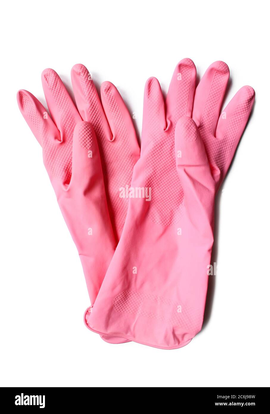 Paio di guanti rosa isolati su sfondo bianco. Dispositivi di sicurezza in lattice Foto Stock