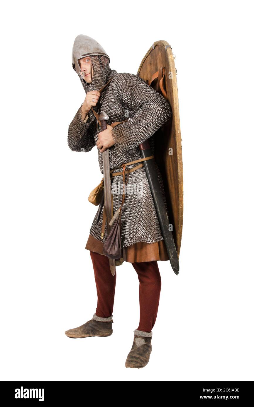 Cavaliere normanno vestito guerriero seconda metà del 11 ° secolo. Isolato su bianco Foto Stock