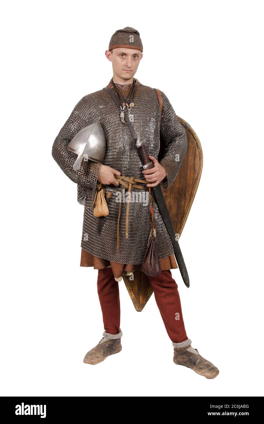 Cavaliere normanno vestito guerriero seconda metà del 11 ° secolo. Isolato su bianco Foto Stock