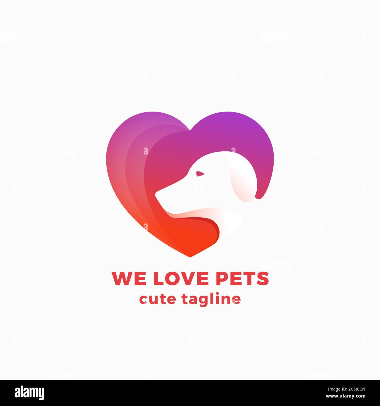 Amiamo gli animali domestici Abstract Vector Symbol, Sign or Logo Template. Faccia di cane spaziale negativa in una forma di cuore. Design moderno e semplice. Illustrazione Vettoriale