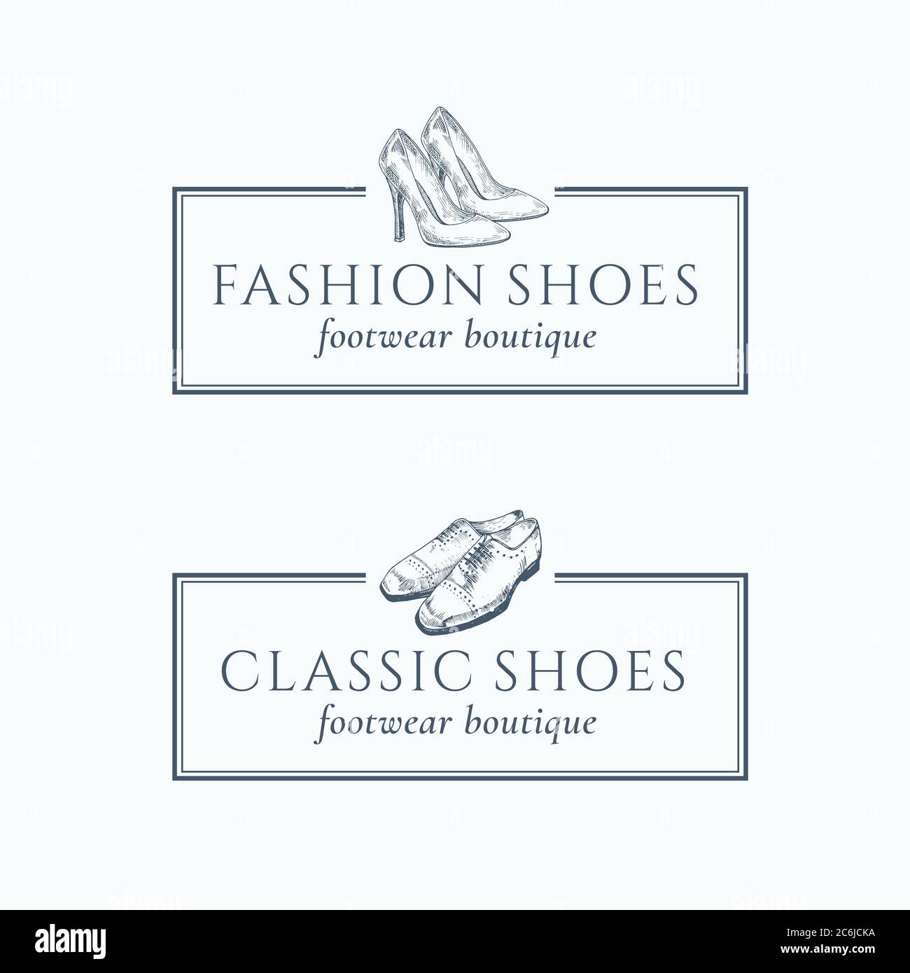 Scarpe classiche Calzature Boutique Abstract Vector Signs, simboli o set di modelli con logo. Scarpe classiche fatte a mano Illustrazione con retro Illustrazione Vettoriale