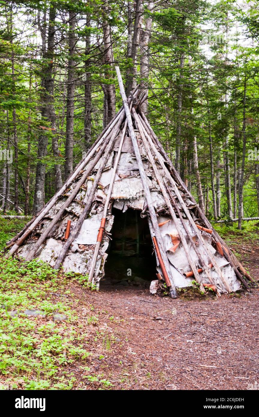 Ricostruito Beothuk winter camp a Red Indian Lake, Terranova. Foto Stock