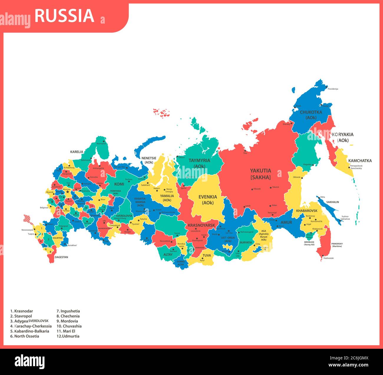 La mappa dettagliata della Russia con le regioni o gli stati e le città capitali. Federazione russa Illustrazione Vettoriale