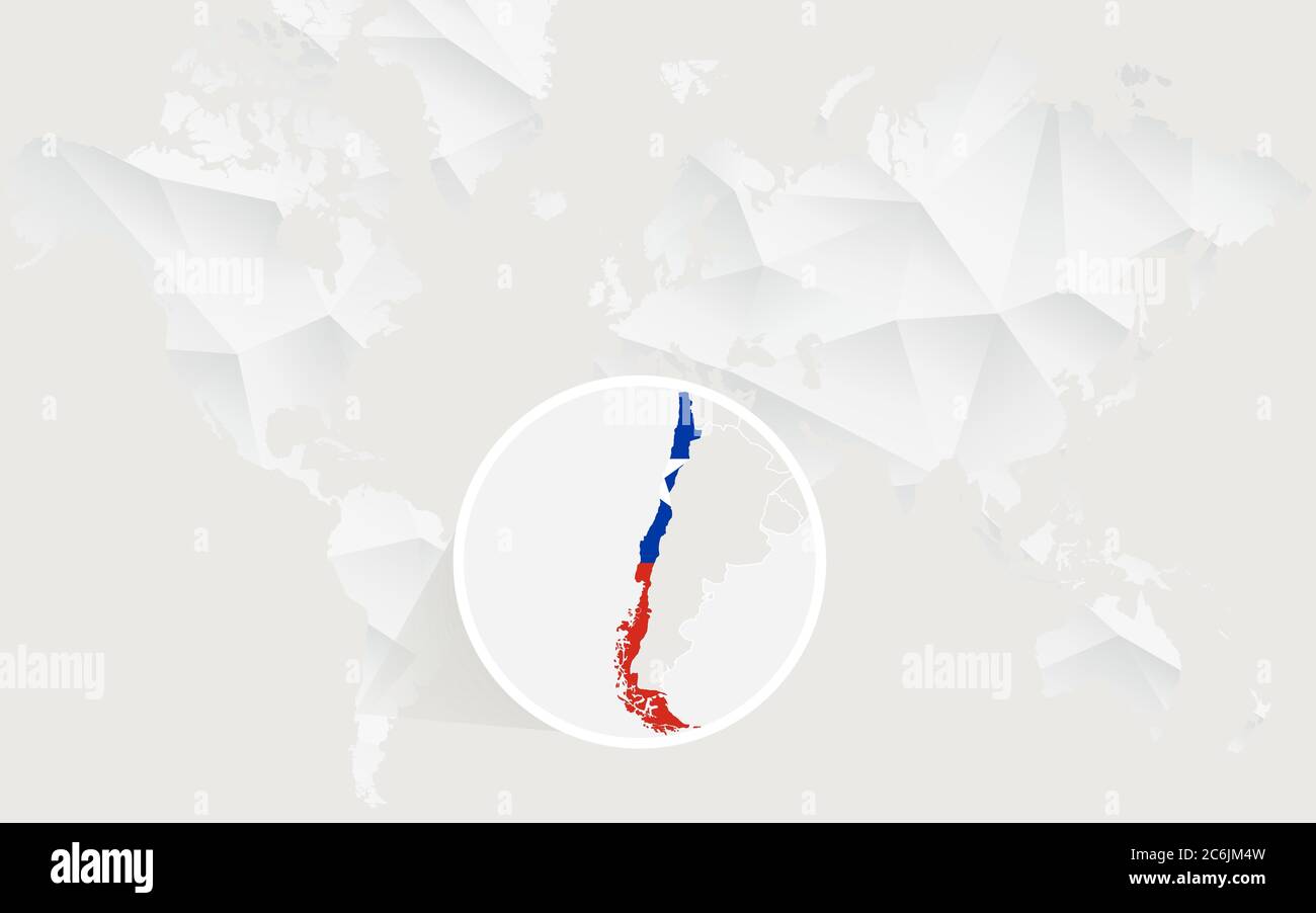 Mappa del Cile con bandiera in contorno su mappa del mondo poligonale bianca. Illustrazione vettoriale. Illustrazione Vettoriale