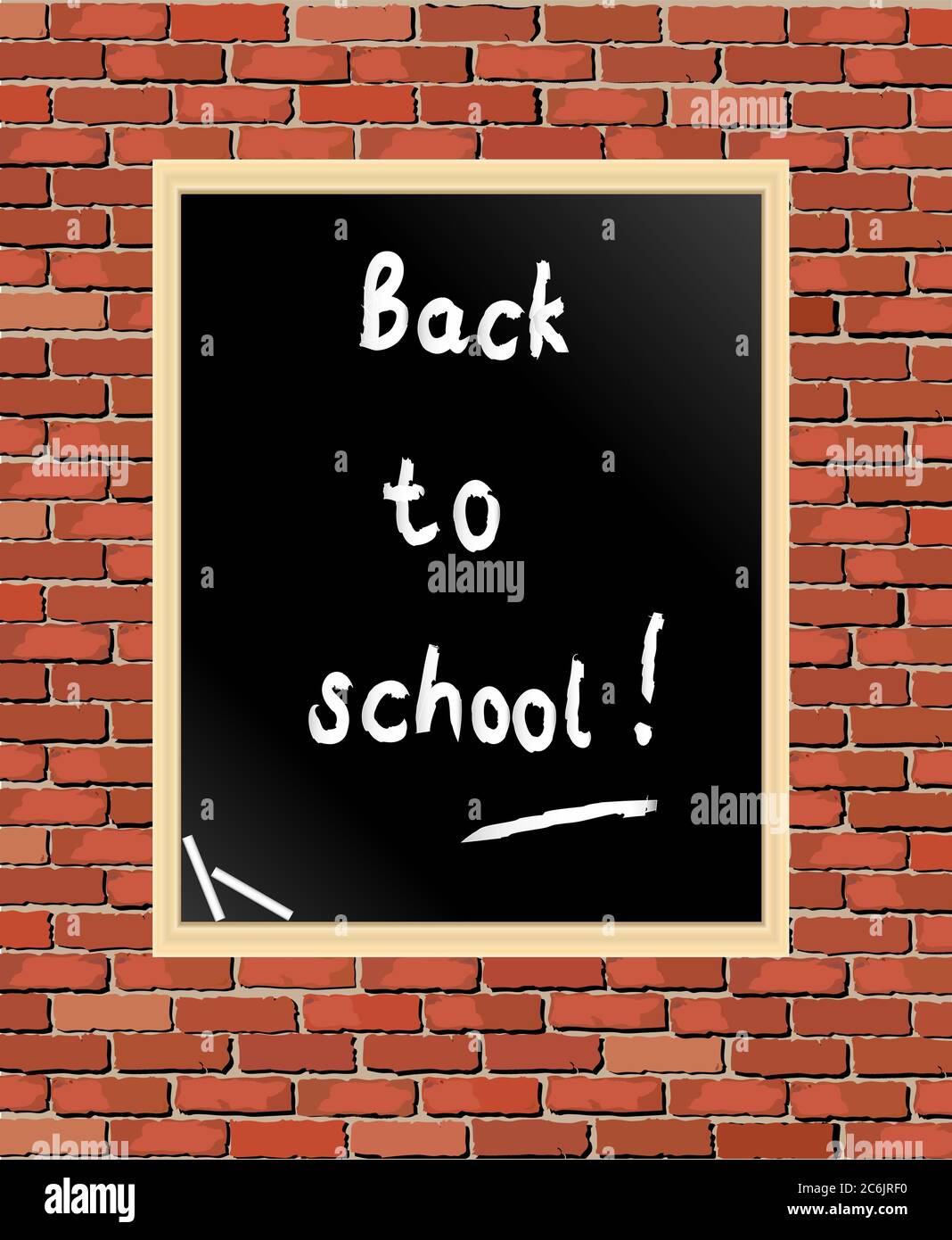 'Back to School' scritto su lavagna contro muro di mattoni. Formato vettoriale Illustrazione Vettoriale
