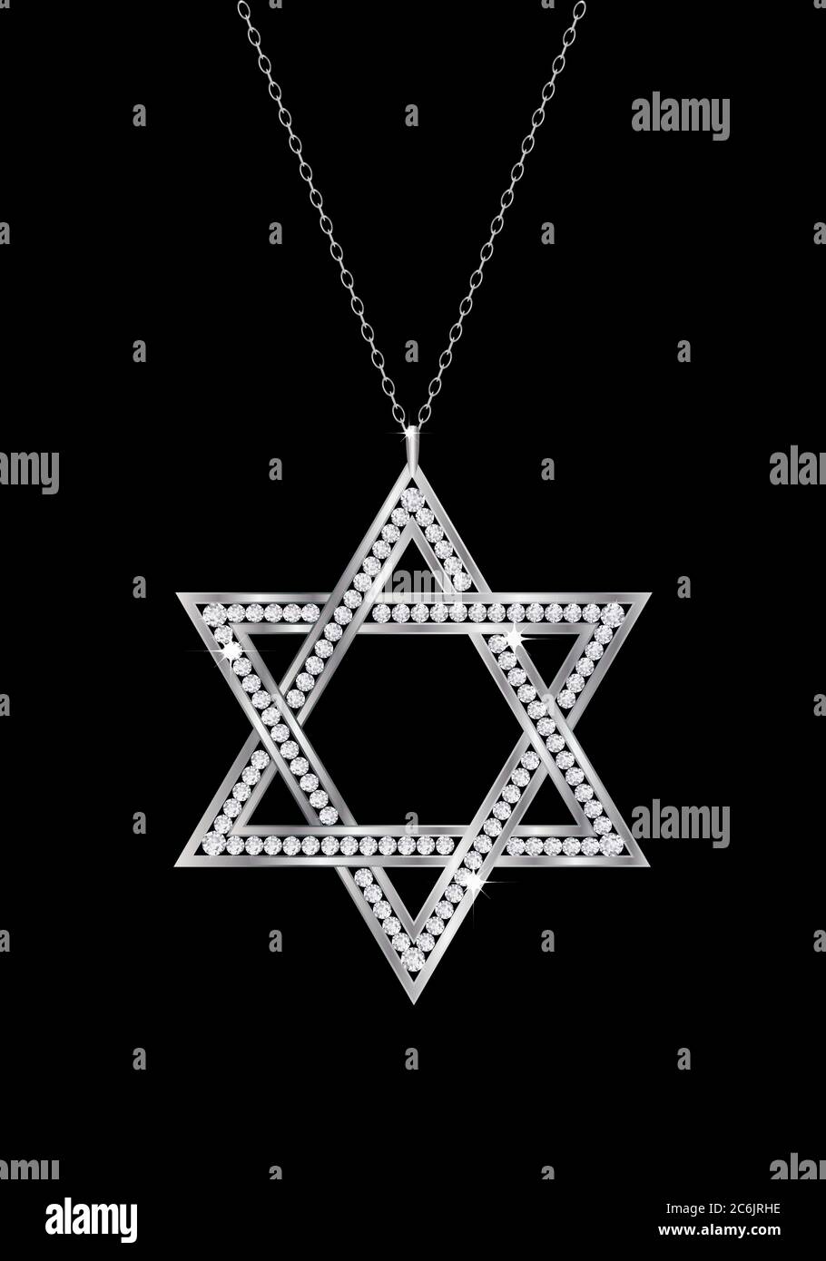 Una collana Diamond Star of David su catena. Isolato su sfondo nero. Formato vettoriale EPS10. Illustrazione Vettoriale