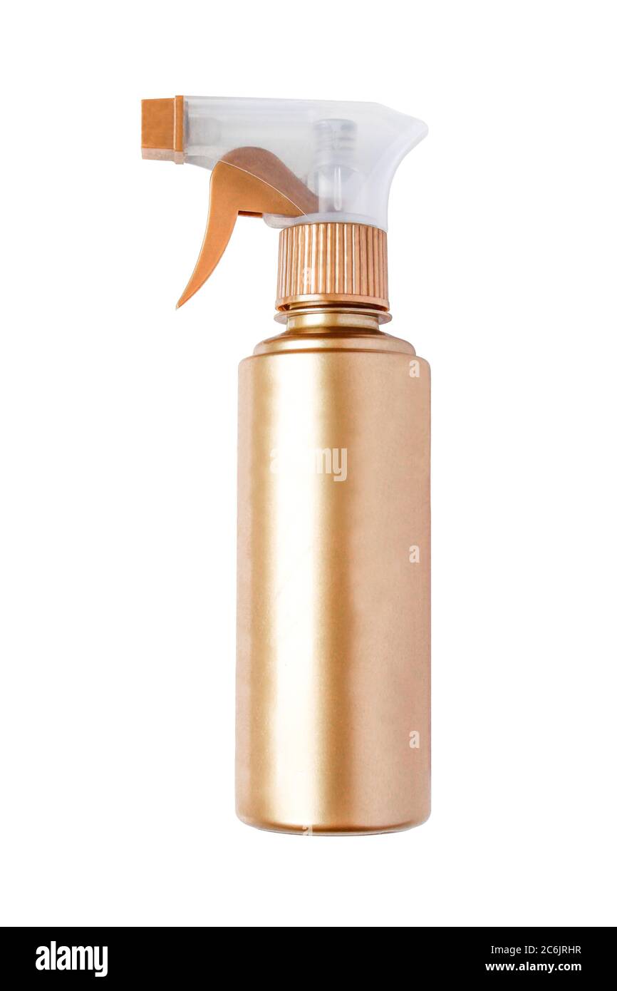 Flacone spray dorato isolato su sfondo bianco. Mockup prodotto/oggetto vuoto Foto Stock